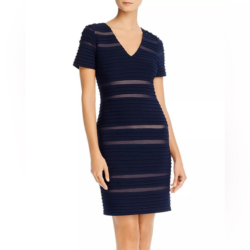 NWT Adrianna Papell Pintucked Spliced Sheath Dress Woman's Size 14 Navy Blue